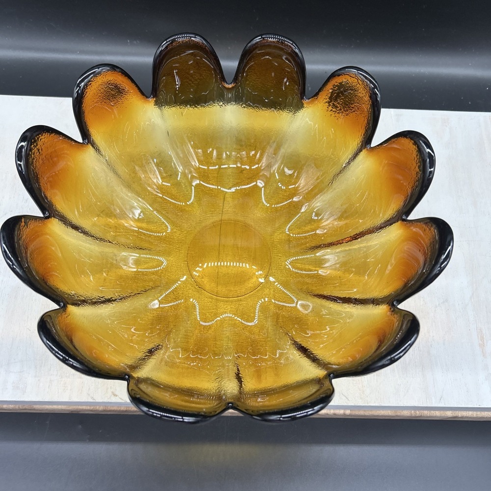 Vintage Indiana Glass Heavy Amber Gold Yellow 12 Petal Luau Lotus Flower Bowl